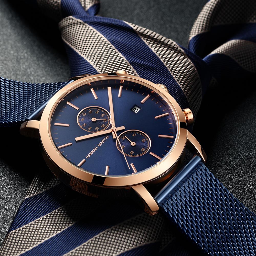 Hannah Martin Men Quartz Watch 44.5mm Large Dial Original Multi functional Movement Timing Sport Stainless Steel Gift Wristwatch