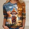 Spring and Autumn Round Neck Animal Highland Cow Graphic 3D Printed Top Fashionable Casual Long Sleeved Women's T-shirts
