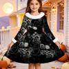 Kids Long Sleeve Christmas Dress, Ghost Skeleton Print Faux Fur Collar Bow Decor Princess Dresses for Girl Holiday Party Wear