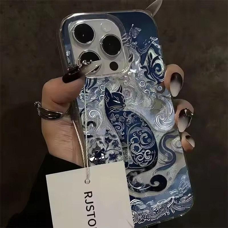 Синий Чехол для телефона с дизайном кота-тотема для iPhone 16 15 Pro Max 14 13 12 11 XS X XR 7 8 Plus 16e Текстура перышка шифона Задняя крышка