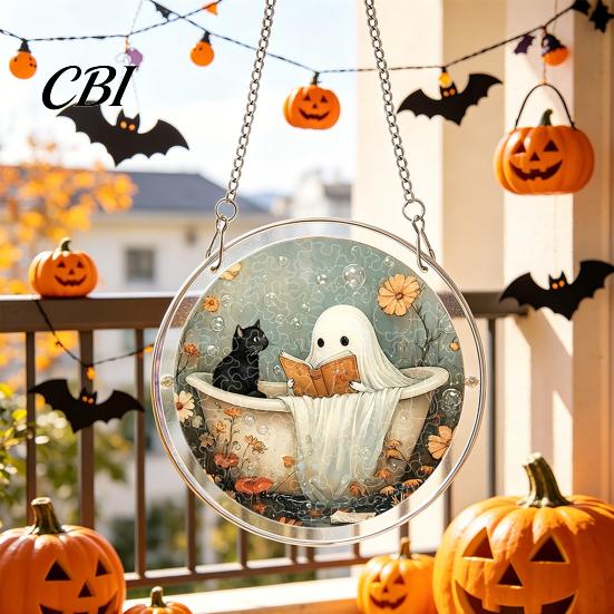 Clear Acrylic Halloween Hanging Suncatcher Jigsaw Puzzle Set, Spooky Ghost Floral Meadow Window Ornament with Metal Lightweight Frame & Chain,
