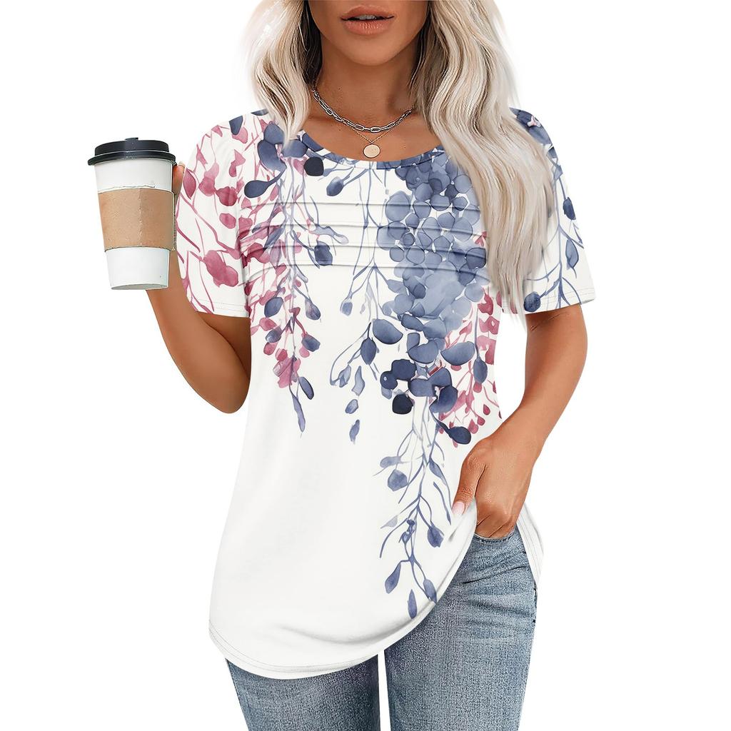 T Shirts For Women Pleated Round Neck Dressy Casual Blouses Printing Short Sleeve Summer Tops Loose Fit