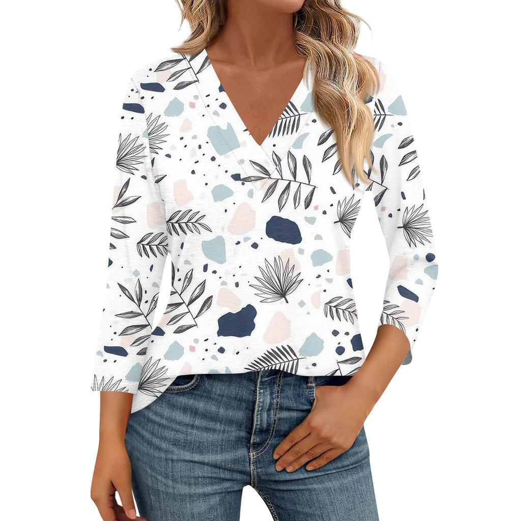 Женские рубашки с рукавом 3/4, топы с принтом и V-образным вырезом, повседневные топы, базовые футболки, блузки, свободные топы