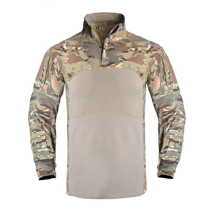 Men Women Tactical Field Shirt Long Sleeve Camo Training Top Breathable Cotton Blend Hiking Camping Outdoor Activities