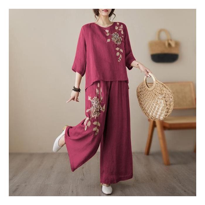 Женская модная хлопково-льняная блузка 2 шт. Корейский женский костюм-двойка с вышивкой Летний женский большой размер 4XL Брюки с широкими штанинами