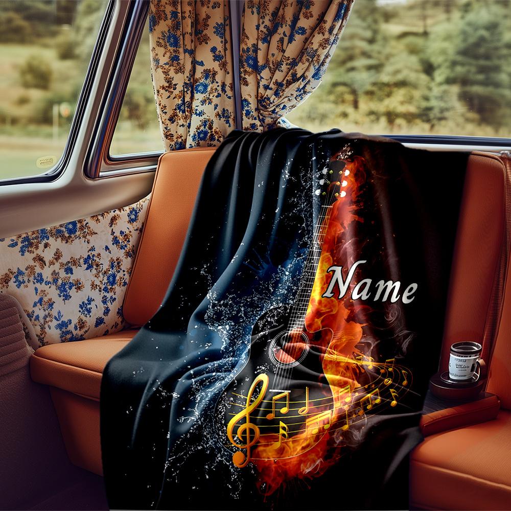 Flaming Guitar With Musical Notes And Water Splash Blanketcustomize Your Name Lightweight Comfortable And Stylish Blanket For Travel Bed Home Chair