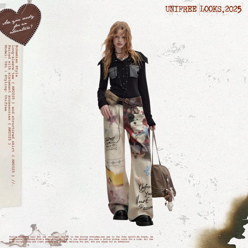 unifree Women's Retro Graffiti Wide-Leg Casual Pants