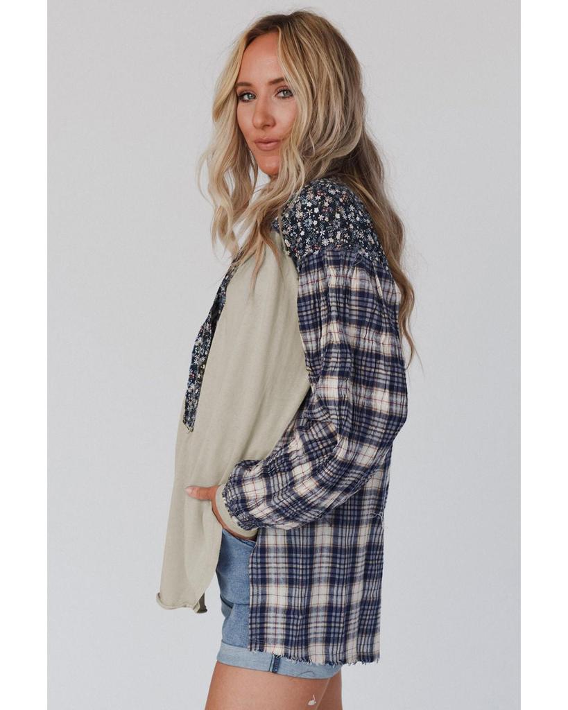 Azura Exchange Blue Floral Plaid Mixed Print Bishop Sleeve Patchwork Top