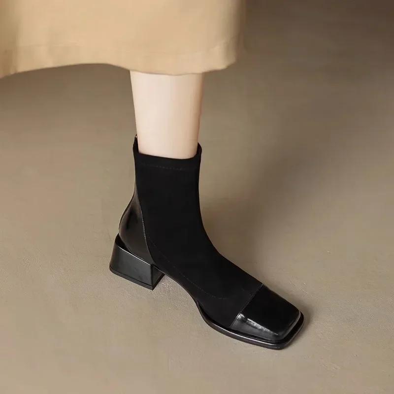 Модные женские туфли с квадратным носком и толстым каблуком, короткие сапоги, новые осенне-зимние лаконичные эластичные узкие туфли на высоком каблуке Zapatos De Mujer
