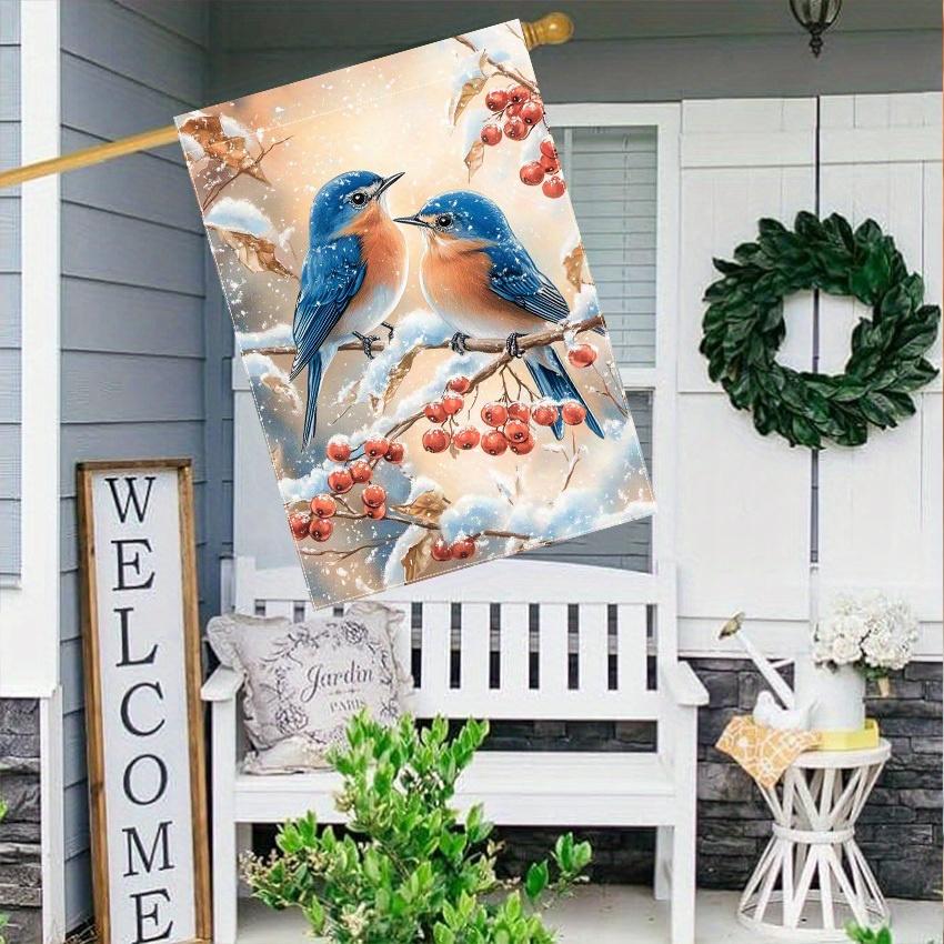 1pc, Rustic Bluebird & Red Berry Garden Flag, Double-Sided, Polyester, Outdoor Yard Decor, Lawn Decoration, Festive Winter Flag Only
