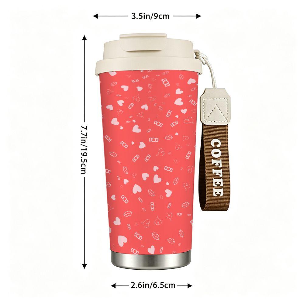 Cute Candy and Heart Print Stainless Steel Insulated Coffee Tumbler Double Walled Vacuum Thermal Cup for Office Travel Valentine Day Gift