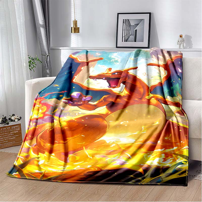 3D-Printed Cute Cartoon Charizard Blanket — Fluffy, Soft, and Warm Throw for Bedroom Decor and Home Comfort
