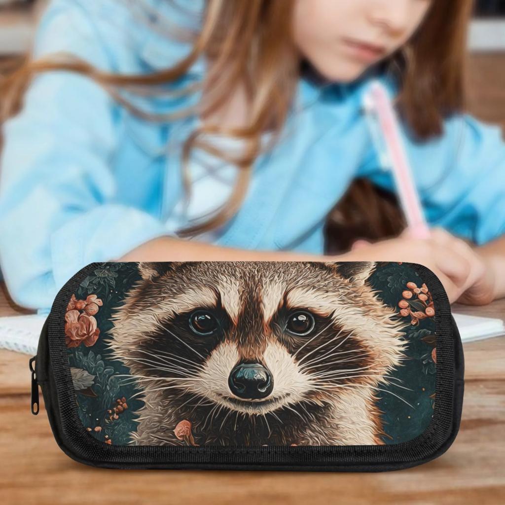 Packing Organizers 1pc Double Layer Flip Pencil Case - Floral Raccoon Portrait, Large Capacity, Portable Polyester Pen Storage Bag with Zipper Closure