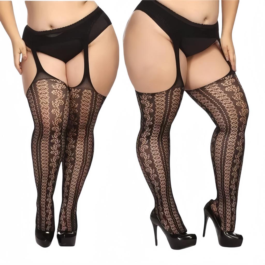 Plus Size Women's Lace Floral Thigh High Pantyhose Fishnet Body Stockings Over Knee Mesh Socks Tights Leggings Bottom