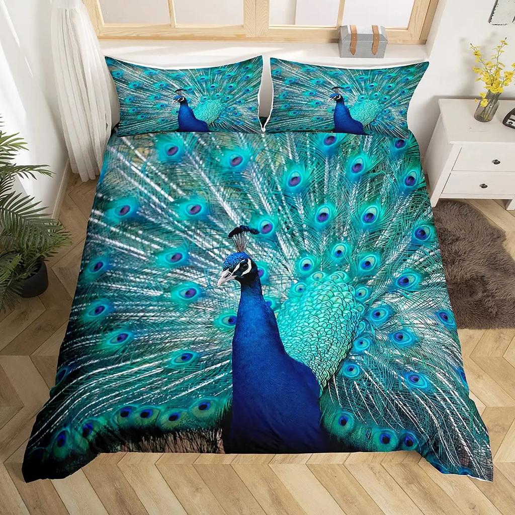 Peacock Duvet Cover Set Elegant Gorgeous Blue Feather Comforter Cover Girls Women Pink Flower Birds Animal Polyester Qulit Cover