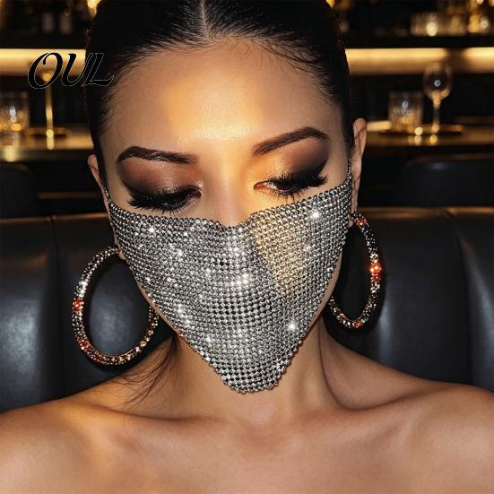 Sexy Nightclub Props Sparkly Rhinestone Face Mask, Glitter Crystal Masquerade Bling Half Exquisite Metal Art Mask Covers for Women Halloween