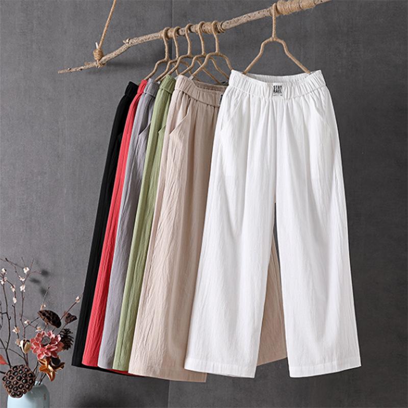 Women's High-Waisted Slim and Versatile Wide-Leg Cotton Linen Pants - Loose Fit, Large Size, Nine-Point Casual Style