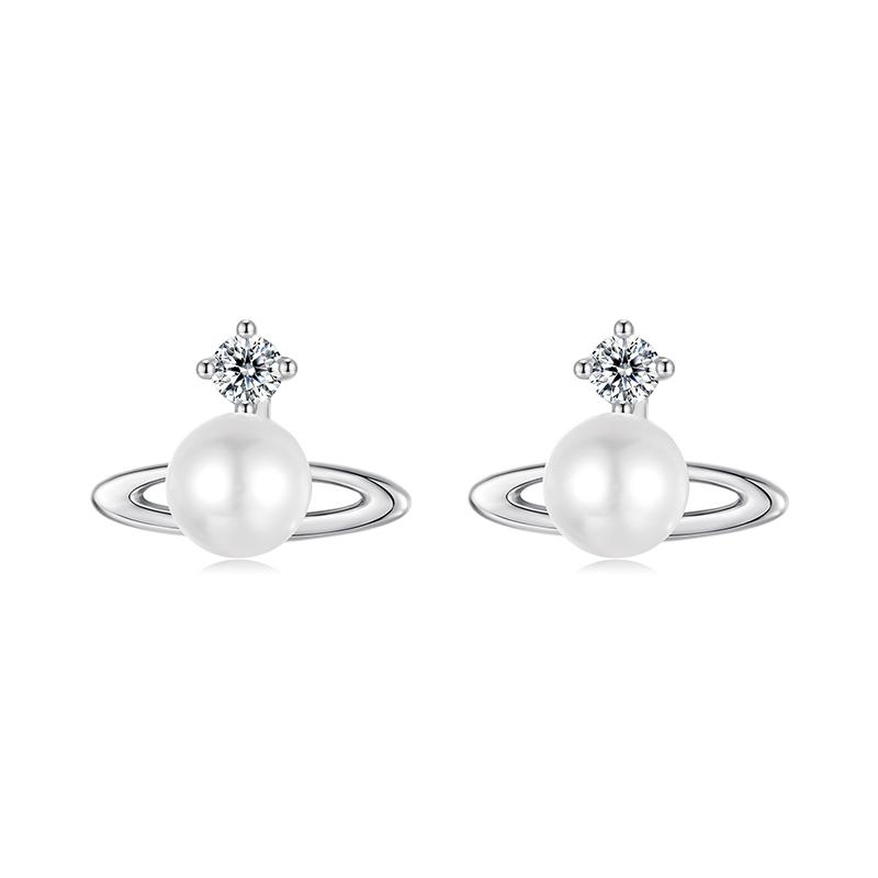 WOSTU 925 Sterling Silver Pearl Planet Stud Earrings For Women Zircon Moon Front Back Studs Drop Earring Lovely Birthday Gift