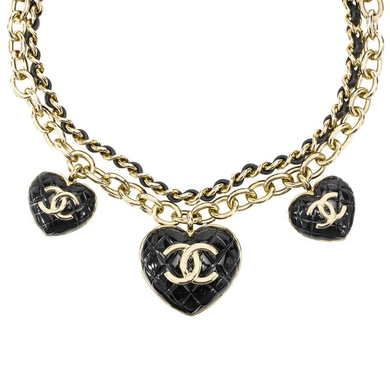 Chanel Модное ожерелье Double C Love из металла и кожи ягненка, женское, черное