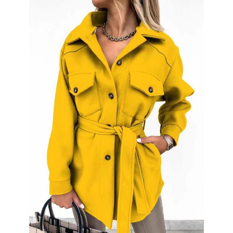 Women S Long Sleeve Solid Color Lapel Button Tie Woolen Coat