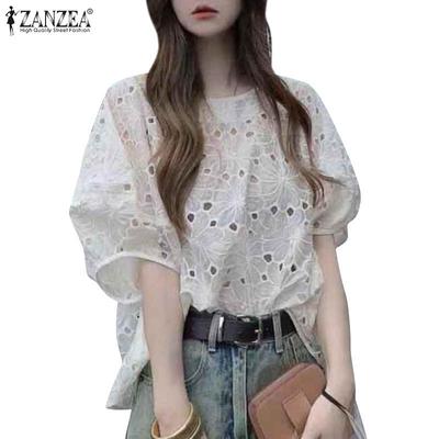 Женская летняя повседневная блузка с коротким рукавом и ажурной вязкой крючком