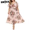 GMXIA Плюс Размер Моды Женщин Повседневный Цветочный Принт V Образным Вырезом Короткое Платье