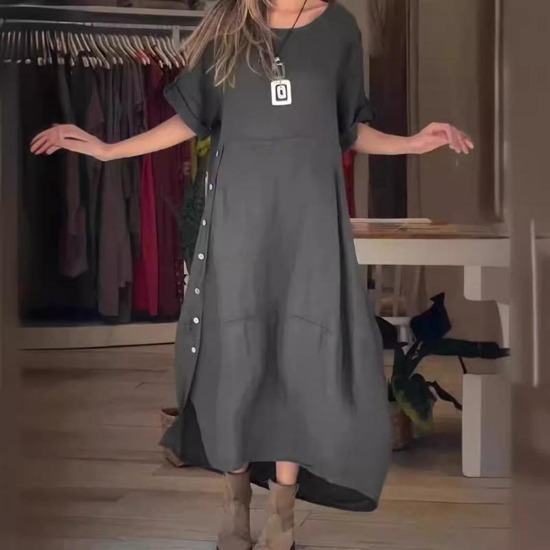 Women's Summer Style Loose Casual Solid Color Short-sleeved Cotton Linen Dress
