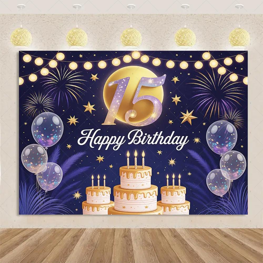 15th Birthday Theme Backdrop Black Gold Glitter Balloon for Women Men Boy Girl Party Decorations Balloon Banner Photography Prop