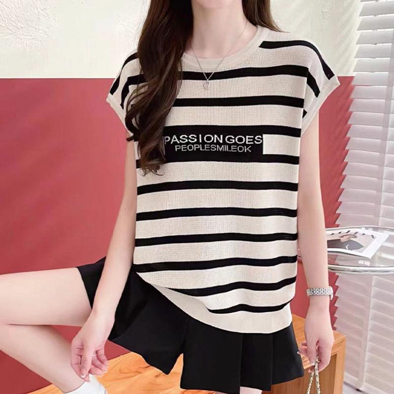 Striped Short-sleeved Knitted Sweater Women's Summer Korean Version Loose Design Embroidered Hollow Temperament Top