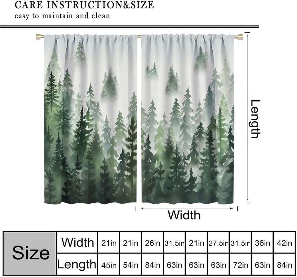 Green Forest Curtains Green Watercolor Forest Tree Silhouette Nature Landscape Printed Living Room Bedroom Window Drapes 42x63in