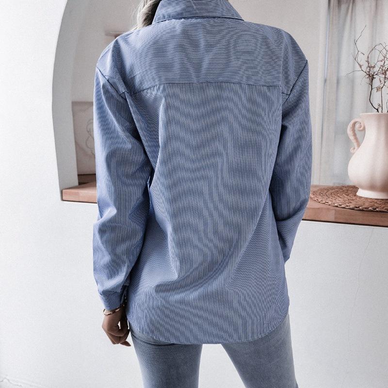 Полосатая женская блузка с длинными рукавами, весна-лето, рубашка с отложным воротником, однобортная, со свободной талией, шикарный карман, M-4XL