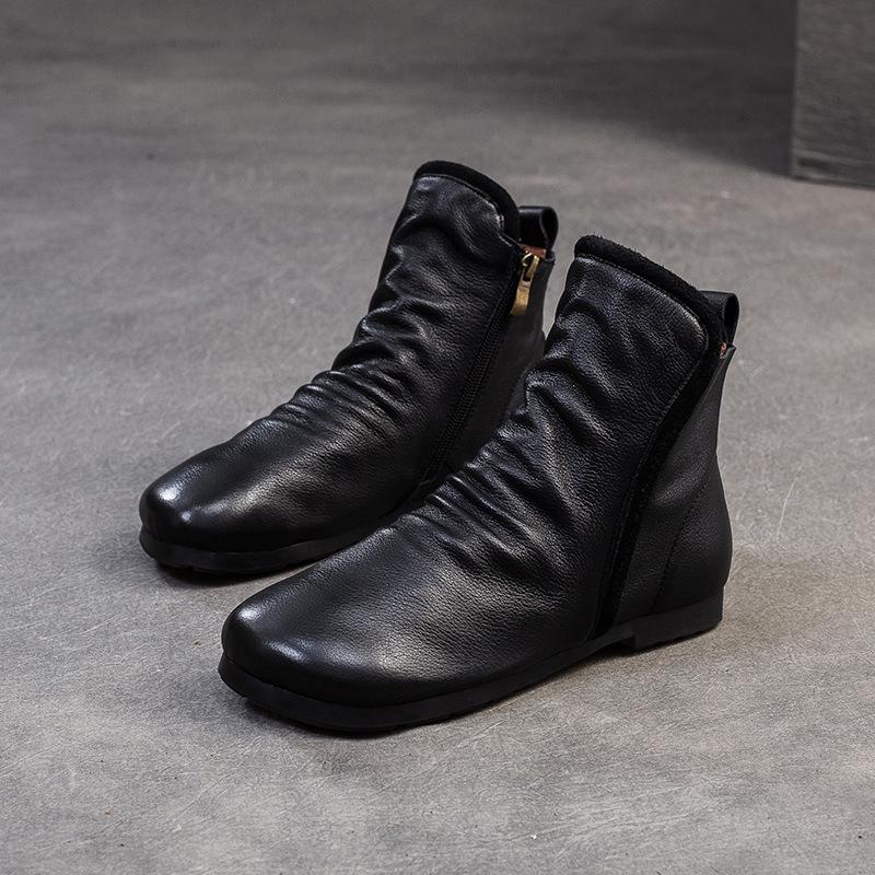 Johnature Короткие сапоги из натуральной кожи с плиссировкой на плоской подошве, удобные, с мягкой подошвой, в стиле ретро для женщин