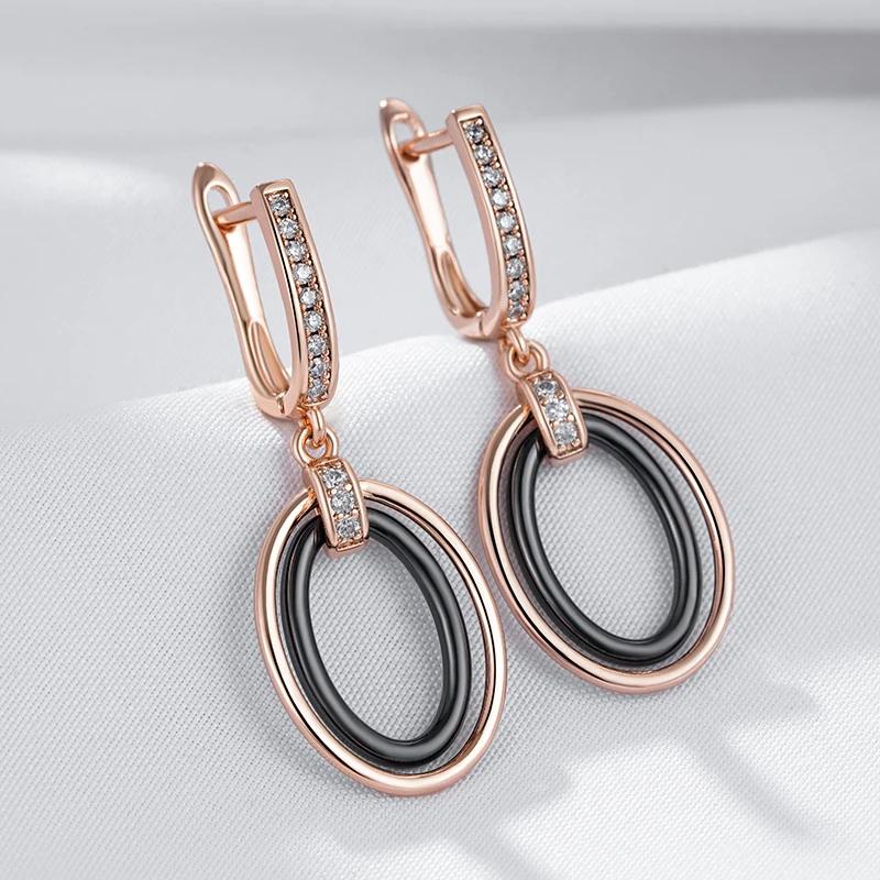 Большие овальные черные керамические золотые серьги-подвески с белым цирконием для женщин, эффектные украшения для вечеринок, блестящие аксессуары
