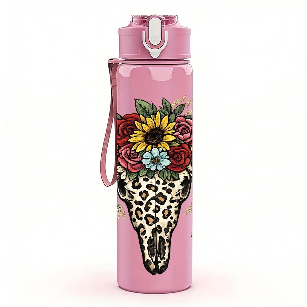 1PC Cow Skull Wild Flower Decor Print 750ml Color Plastic Sports Water Bottle Leakproof Flip Straw Lid Suitable for Sports Office Home Use