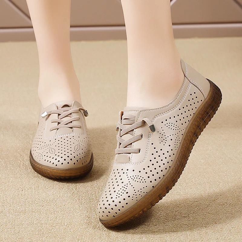 2025 Hollow Flat Mother Shoes Women Casual Shoes Simple White Wear-resistant Women Sneakers