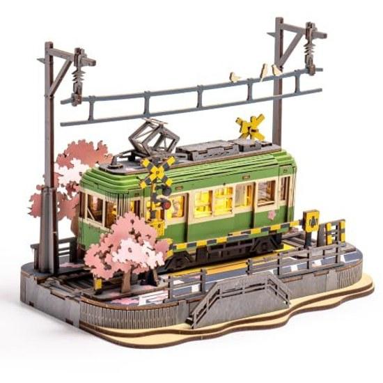 ROBOTIME 3D Wooden Puzzle Sakura Train LED Light Assembly Kit DIY Craft Mechanical Model Japanese Interior Toy Children Adults Birthday Christmas Gift