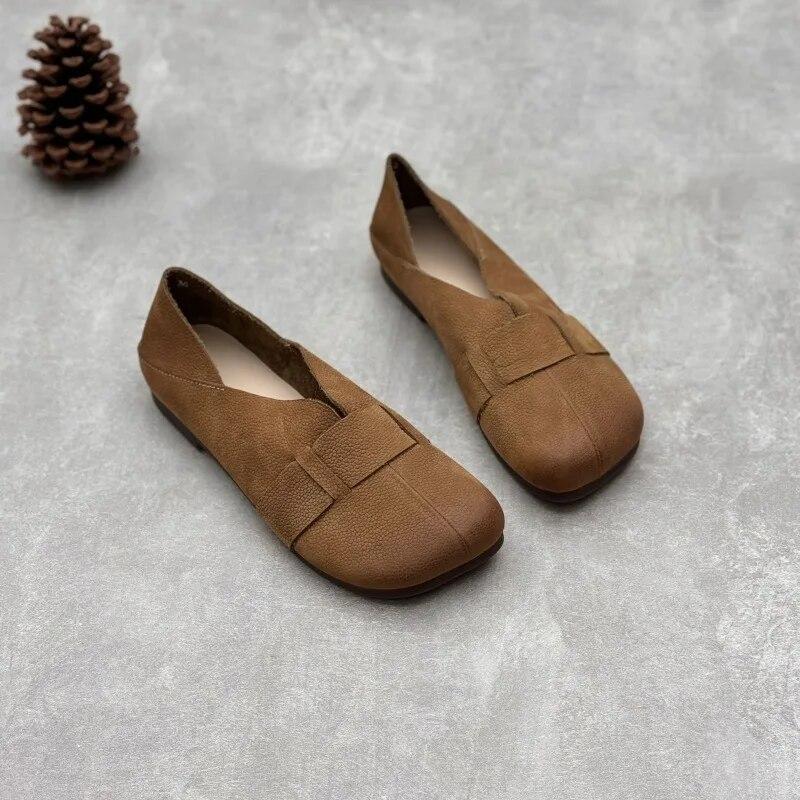 Johnature Retro Genuine Leather Soft Sole Flats Cowhide Women Shoes Handmade Casual Shallow Round Toe Slip-on Loafers