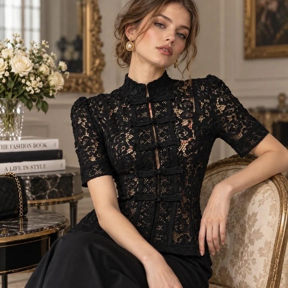 Hollowed Out Lace Printed Shirts Short Puff Sleeve Women Shirt Tops Chic Lace Blouse Party