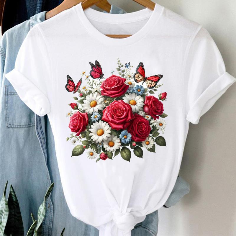 (Азиатский размер) Прекрасный растительный тренд 90-х годов, одежда, повседневная женская футболка с цветочным принтом, модная футболка с коротким рукавом, женские графические футболки