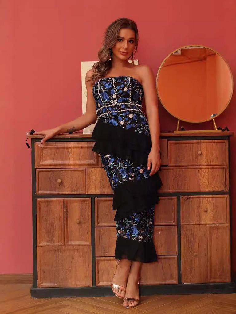 Европейское и американское платье без бретелек с кружевами и оборками, с завышенной талией, стройнящее, для вечеринки