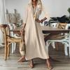 Женская мода V-образный вырез рукав семь карман однотонный молния повседневный отпуск длинные хлопково-льняные платья