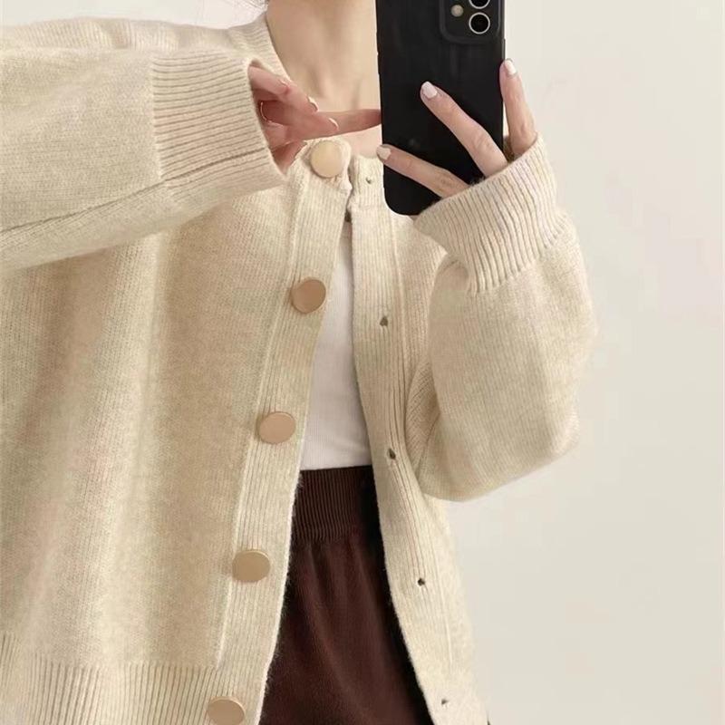 Весенне-осенний новый кардиган с круглым вырезом, ленивый ветер, однобортный, однотонный, повседневный вязаный свитер, женская куртка