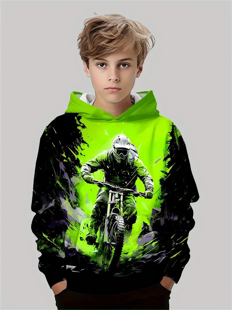 Детская толстовка для мальчиков, модная, для мотокросса, гонки, 3D-принт, повседневная толстовка с капюшоном, длинный рукав, полиэстер, спортивные топы, пуловер, детская одежда