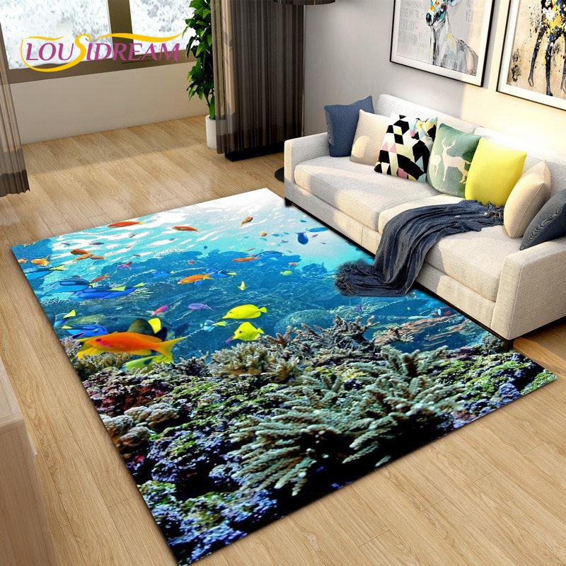 Подводный мир Морское дно Рыба Дельфин Коврик Большой, Коврик для гостиной Спальня Диван Коврик Кухня, Нескользящий напольный коврик