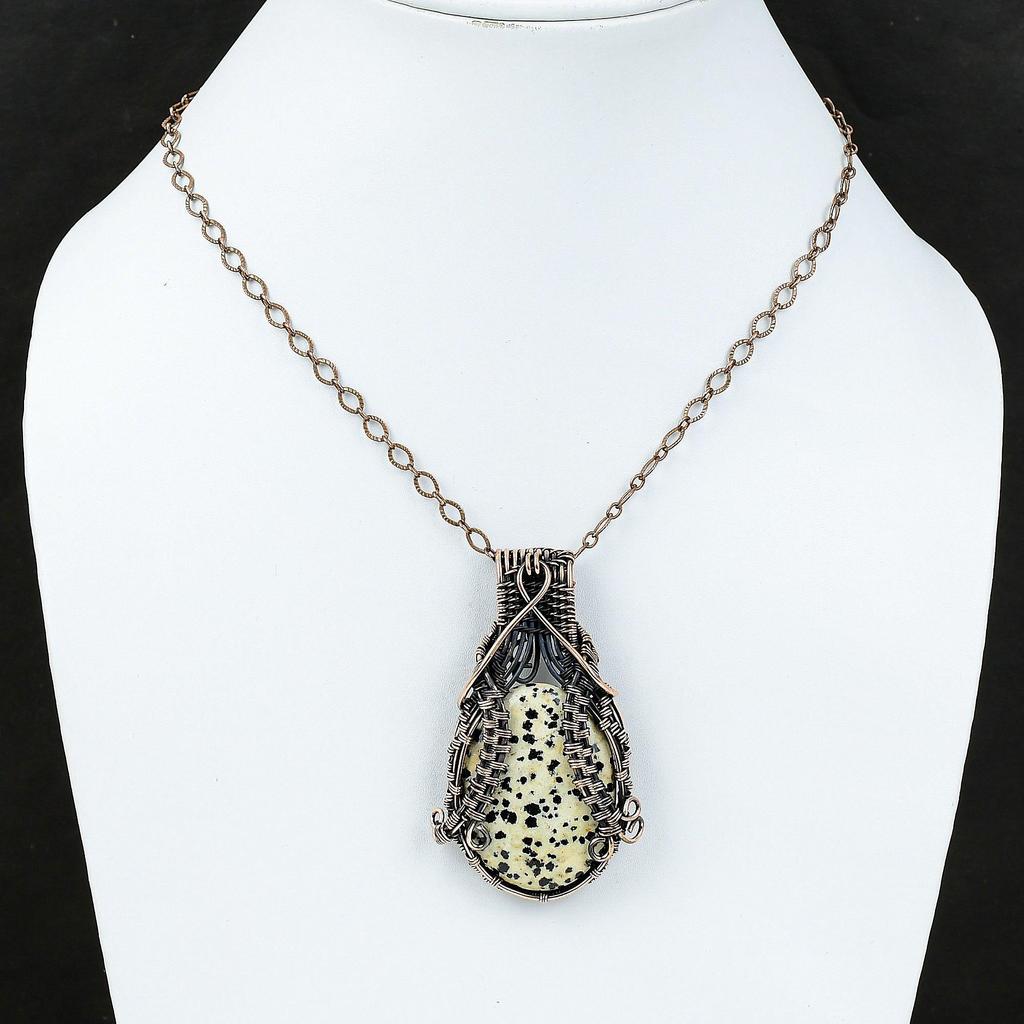 Подвеска из далматинской яшмы, обернутая медной проволокой, уникальная медная подвеска, ювелирные изделия ручной работы, обернутые проволокой, подарок для нее, подвеска из драгоценного камня