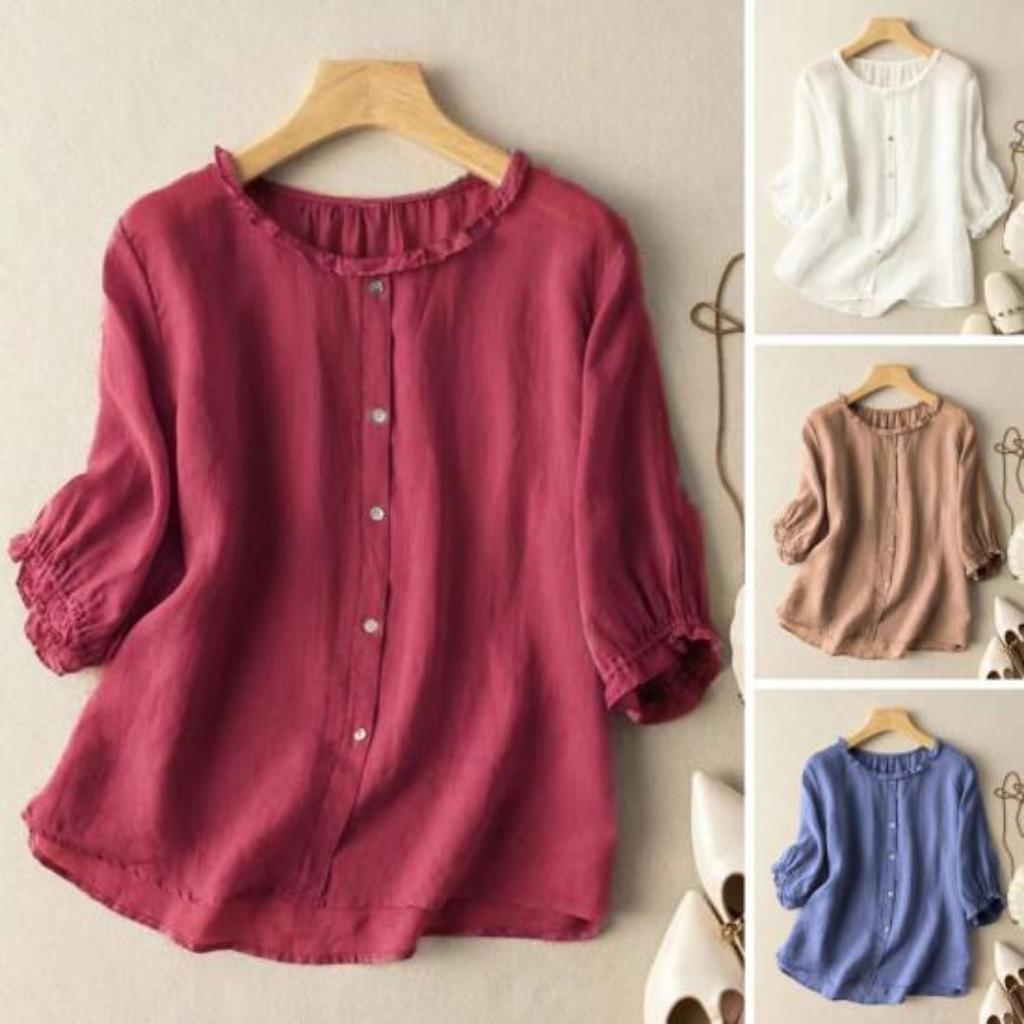Women Shirt Round Neck Three-Quarter Sleeve Shirt Tops Solid Color Ruffle Trim Buttons Decor Loose Fit Blouse