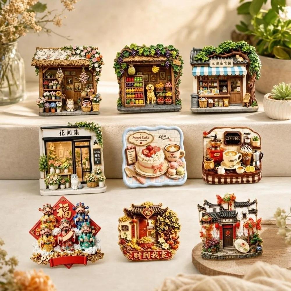 Creative God of Wealth Refrigerator Magnet House Shop Shape Home Decoration Foods Emboss Design Magnetic Sticker Gift