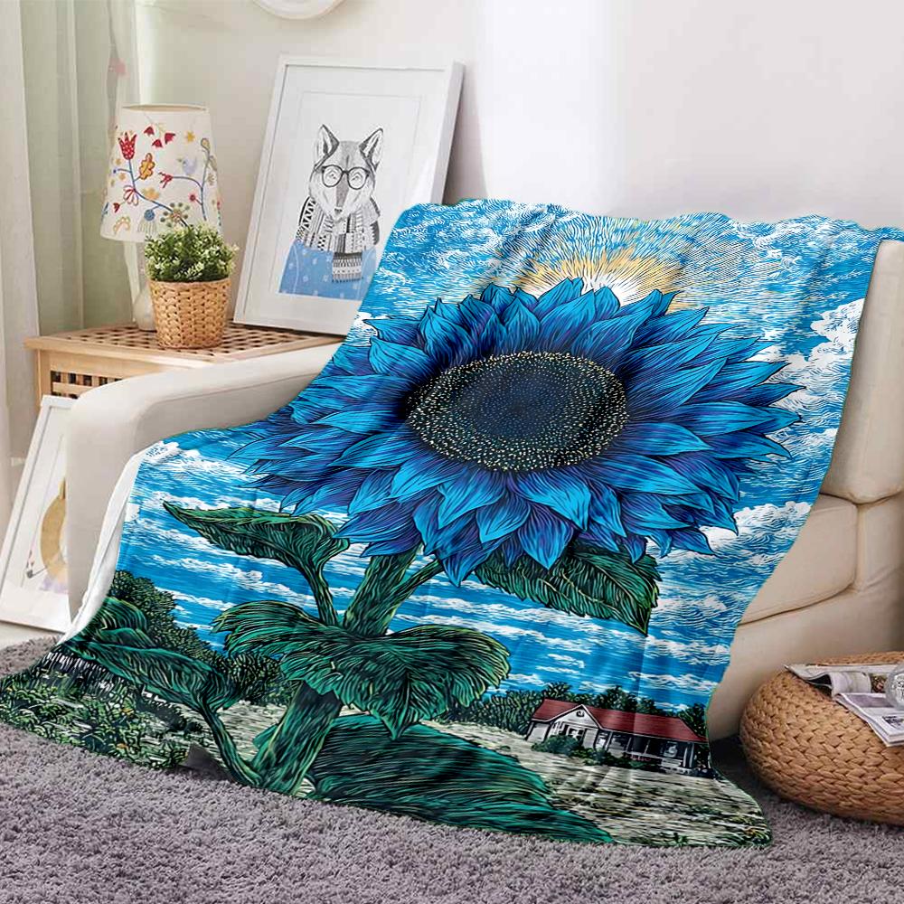 1Pc Blue Sunflower Sky Flannel Blanket, Soft And Comfortable, Casual Warm, Camping Travel, Christmas, Halloween Xmas Gift. G184