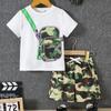 Boys Summer Clothing Set 2Pcs Breathable Fake Bag Print Short Sleeve T-Shirt and Camouflage Shorts Kids Casual Tracksuit Outfits