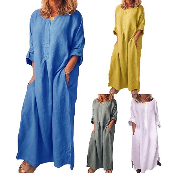 Женское винтажное однотонное платье макси с длинными рукавами и круглым вырезом, кафтан